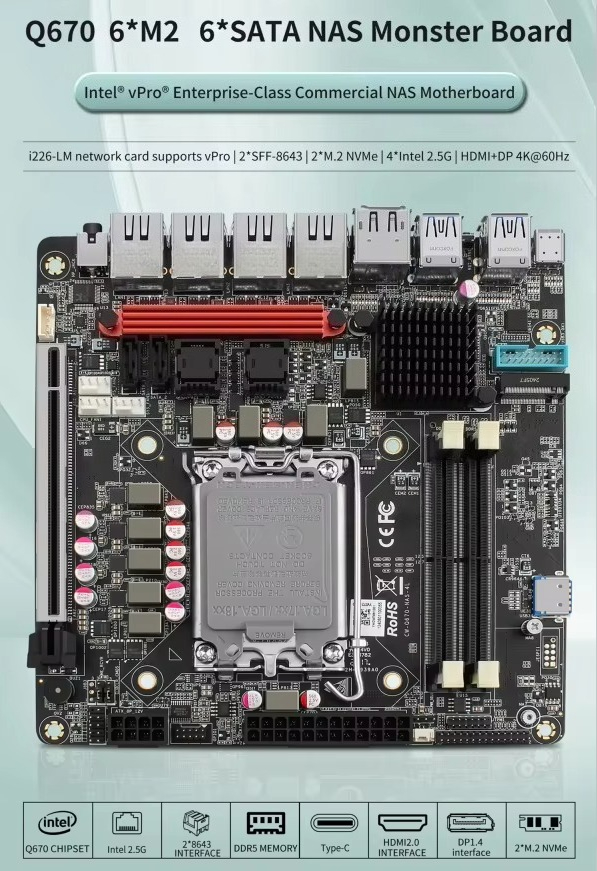 インテルVPro Q670 NASマザーボード 最大6*NV - Lga 1700 Ddr5 Itx Motherboard のレビューと価格
